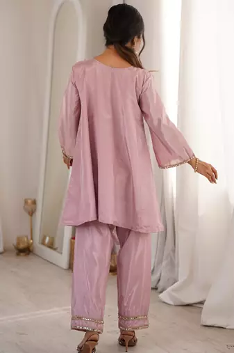 Stylish Pink Mirror Work Silk Festive Wear Pant Suit