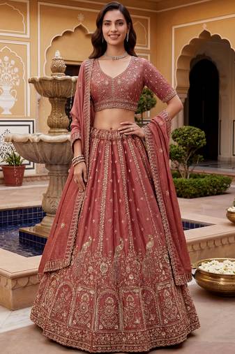 Glorious Dusty Pink Hand Work Silk Engagement Wear Lehenga Choli