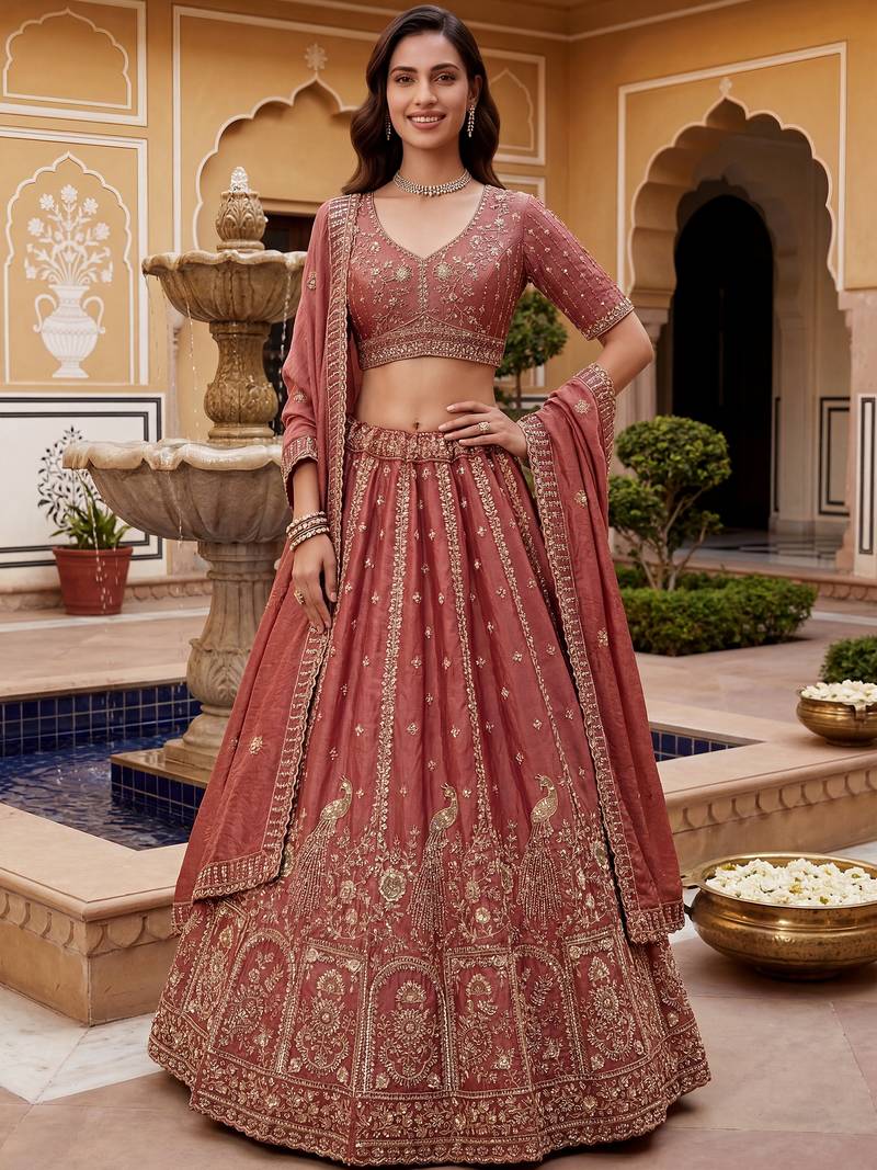 Glorious Dusty Pink Hand Work Silk Engagement Wear Lehenga Choli