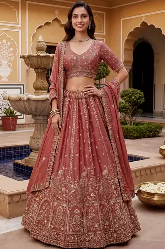 Glorious Dusty Pink Hand Work Silk Engagement Wear Lehenga Choli