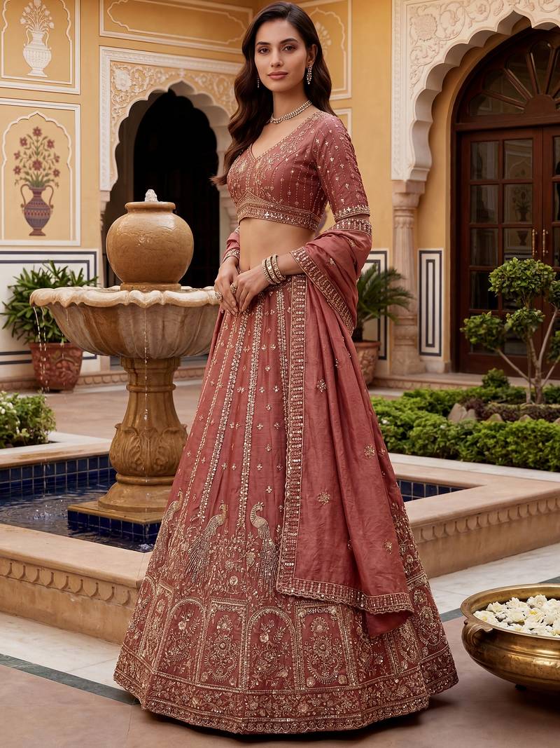 Glorious Dusty Pink Hand Work Silk Engagement Wear Lehenga Choli