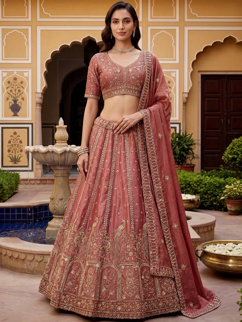 Glorious Dusty Pink Hand Work Silk Engagement Wear Lehenga Choli