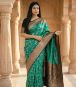 Banarasi  pure silk chiniya saree in contrast shade of teal green & black colour with floral  zari work