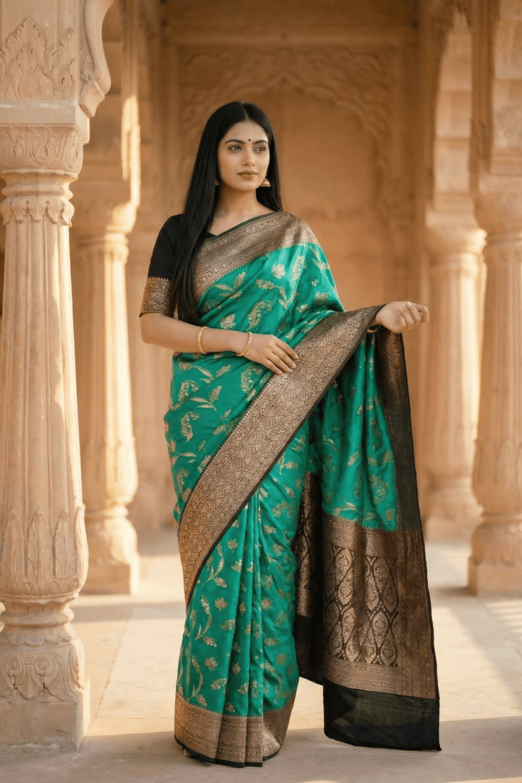 Banarasi  pure silk chiniya saree in contrast shade of teal green & black colour with floral  zari work