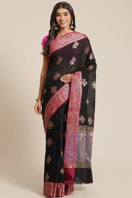 Banarasi silk blend cotton saree in black colour with zari work 1