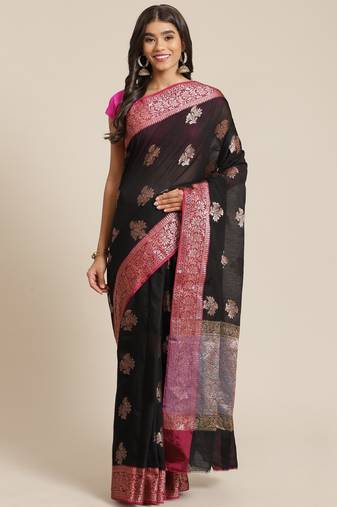 Banarasi semi silk cotton saree in black colour with zari work