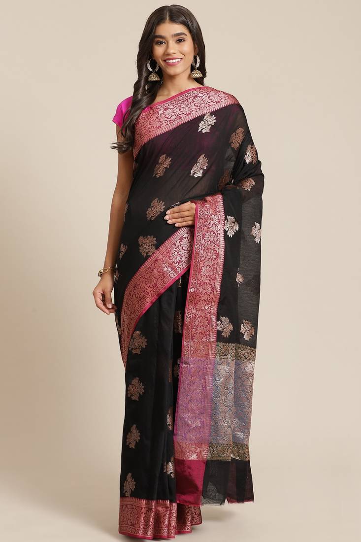 Banarasi silk blend cotton saree in black colour with zari work