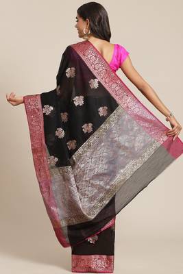 Banarasi silk blend cotton saree in black colour with zari work 2