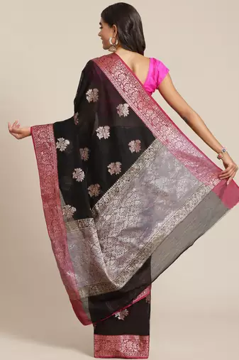 Banarasi silk blend cotton saree in black colour with zari work