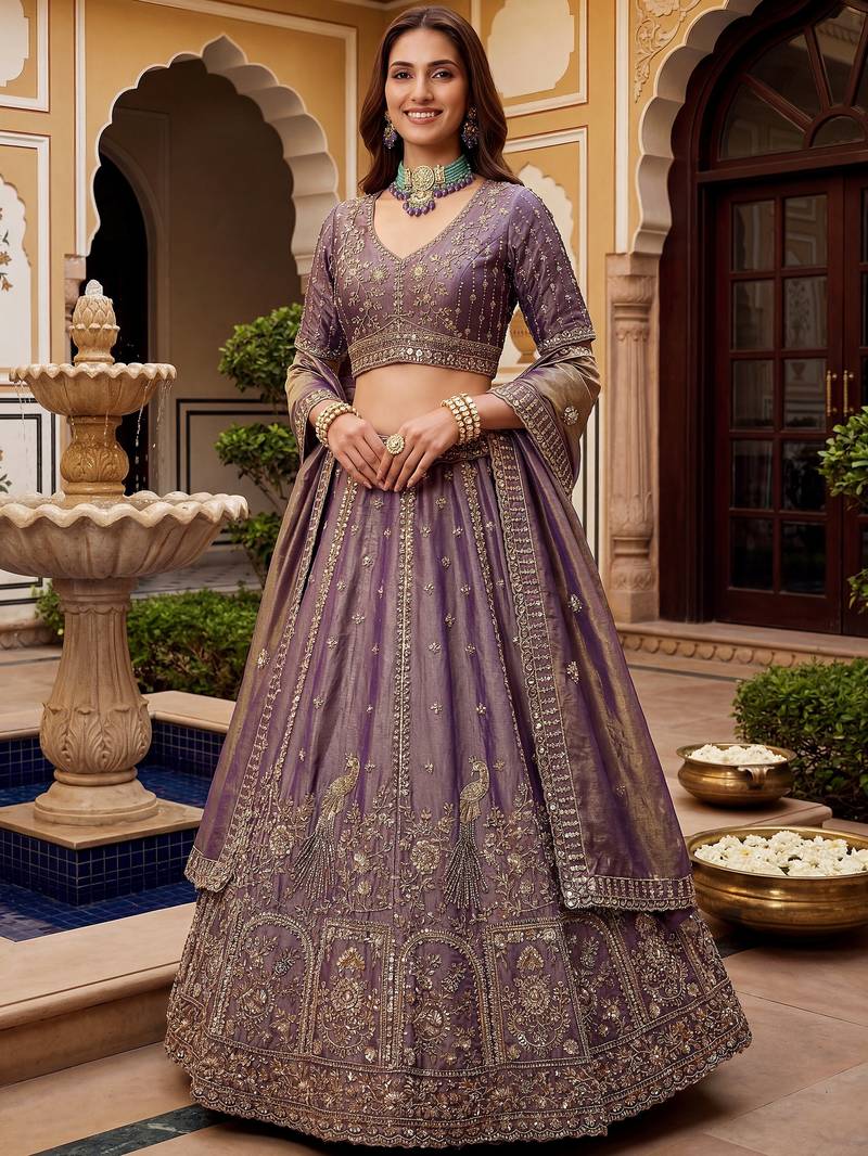 Bewitching Lilac Sequins Silk Reception Wear Lehenga With Blouse