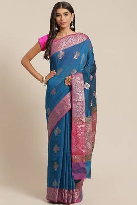 Banarasi silk blend cotton saree in blue colour with zari work 1