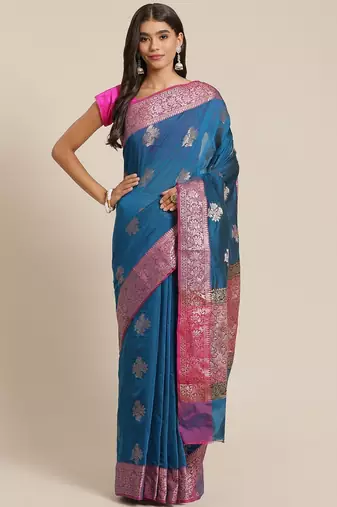 Banarasi semi silk cotton saree in blue colour with zari work