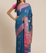 Banarasi silk blend cotton saree in blue colour with zari work