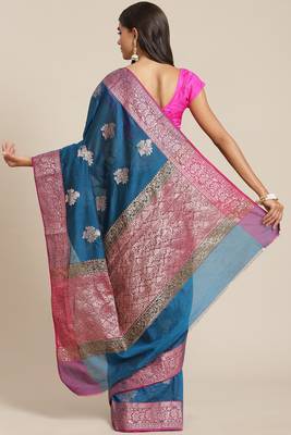 Banarasi silk blend cotton saree in blue colour with zari work 2