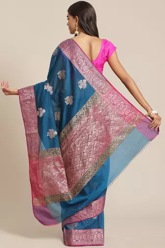 Banarasi silk blend cotton saree in blue colour with zari work