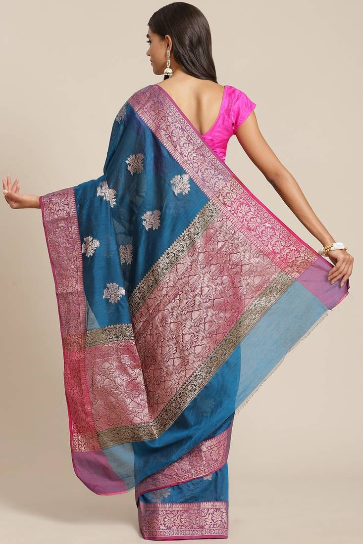 Banarasi silk blend cotton saree in blue colour with zari work