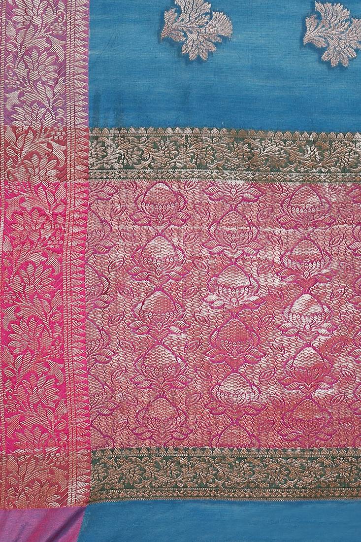Banarasi silk blend cotton saree in blue colour with zari work