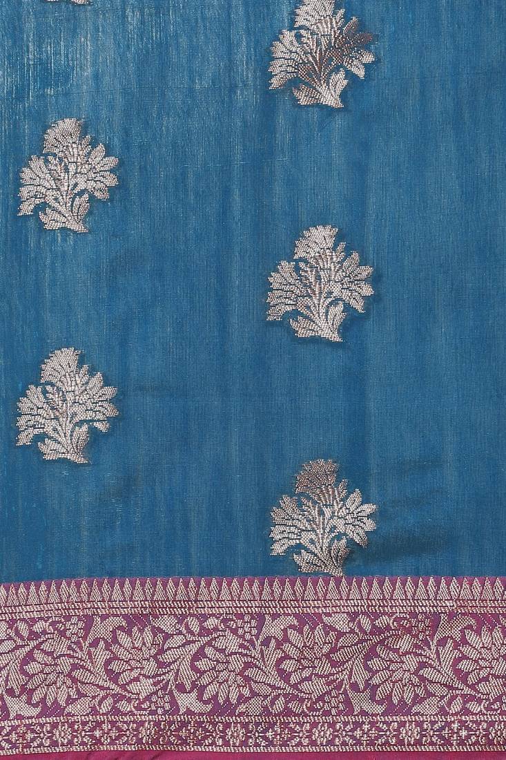 Banarasi silk blend cotton saree in blue colour with zari work
