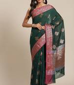 Banarasi silk blend cotton saree in bottle green colour with zari work