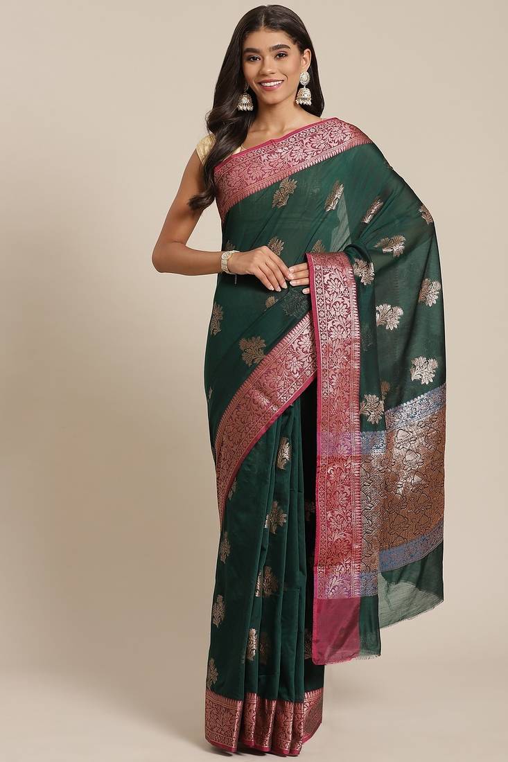 Banarasi silk blend cotton saree in bottle green colour with zari work