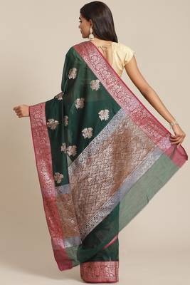 Banarasi silk blend cotton saree in bottle green colour with zari work 2