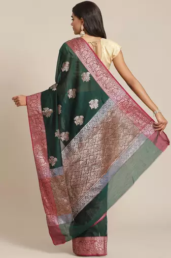 Banarasi silk blend cotton saree in bottle green colour with zari work