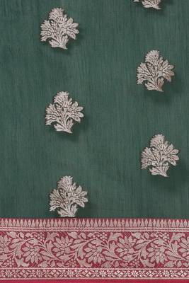 Banarasi silk blend cotton saree in bottle green colour with zari work 3