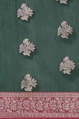 Banarasi silk blend cotton saree in bottle green colour with zari work