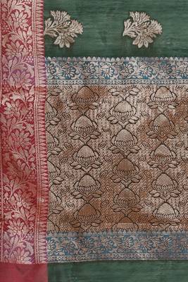 Banarasi silk blend cotton saree in bottle green colour with zari work 4
