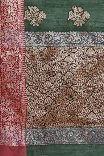 Banarasi silk blend cotton saree in bottle green colour with zari work
