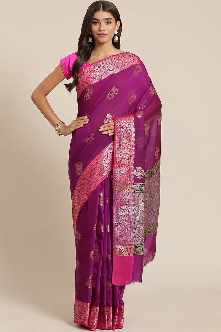 Banarasi silk blend cotton saree in magenta  colour with zari work