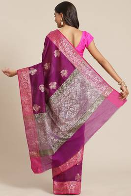 Banarasi silk blend cotton saree in magenta  colour with zari work 2