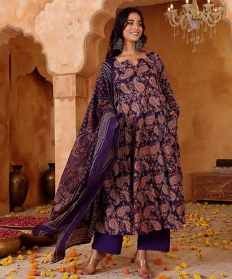 Women's Beautiful Printed Work Rayon Blend Fabric Flared Kurta Pant and Dupatta Set 3
