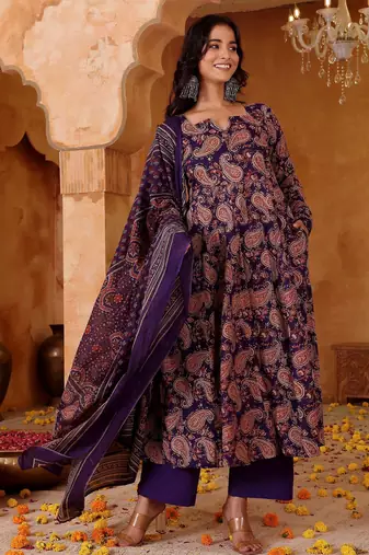 Women's Beautiful Printed Work Rayon Blend Fabric Flared Kurta Pant and Dupatta Set