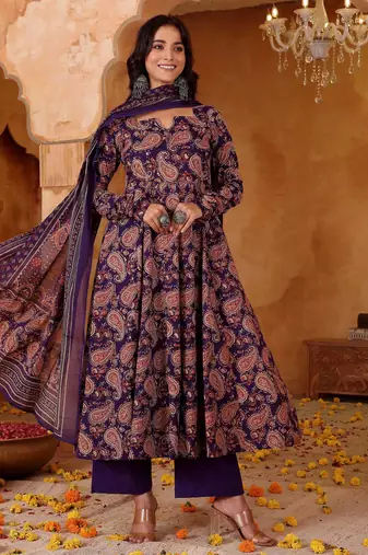 Women's Beautiful Printed Work Rayon Blend Fabric Flared Kurta Pant and Dupatta Set