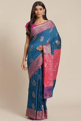 Banarasi silk blend cotton saree in navy blue  colour with zari work 1