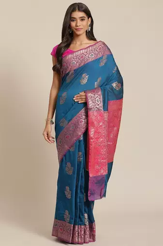 Banarasi semi silk cotton saree in navy blue  colour with zari work