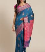 Banarasi silk blend cotton saree in navy blue  colour with zari work