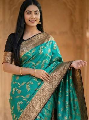 Banarasi  pure silk chiniya saree in contrast shade of teal green & black colour with floral  zari work 2