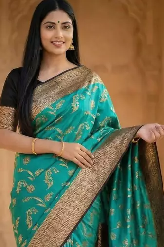 Banarasi  pure silk chiniya saree in contrast shade of teal green & black colour with floral  zari work