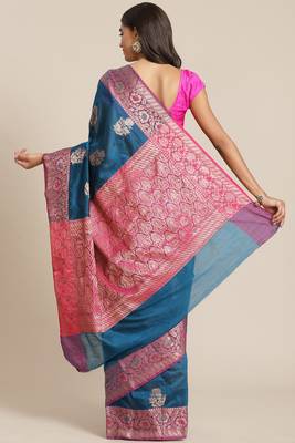 Banarasi silk blend cotton saree in navy blue  colour with zari work 2