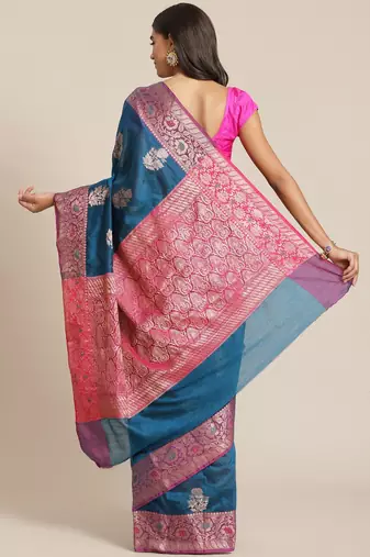 Banarasi silk blend cotton saree in navy blue  colour with zari work