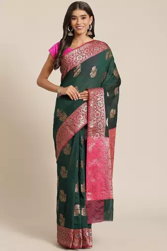 Banarasi semi silk cotton saree in bottle green colour with zari work