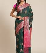Banarasi silk blend cotton saree in bottle green colour with zari work