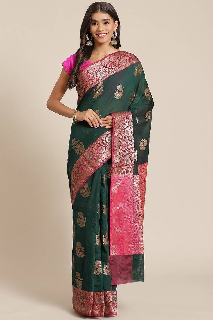 Banarasi silk blend cotton saree in bottle green colour with zari work