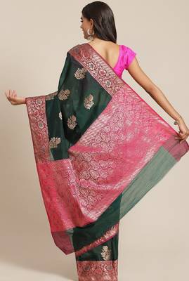 Banarasi silk blend cotton saree in bottle green colour with zari work 2