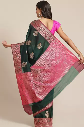 Banarasi silk blend cotton saree in bottle green colour with zari work