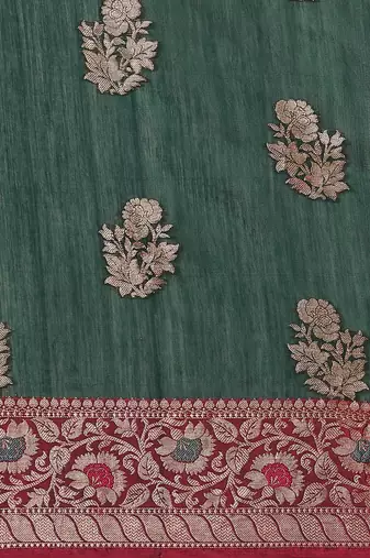 Banarasi silk blend cotton saree in bottle green colour with zari work