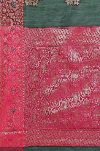 Banarasi silk blend cotton saree in bottle green colour with zari work