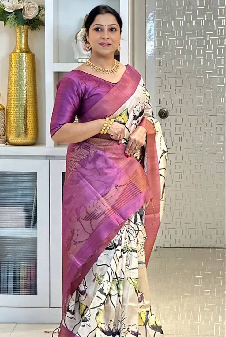Soft tussar silk sarees with beautiful digital print attractive checks design saree  with tassels